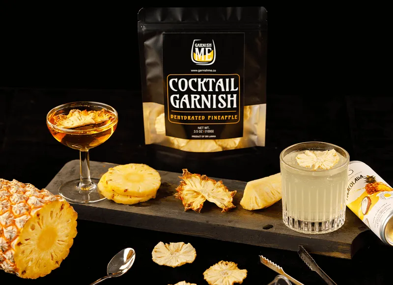 Dehydrated pineapple garnish pack with pineapple cocktails
